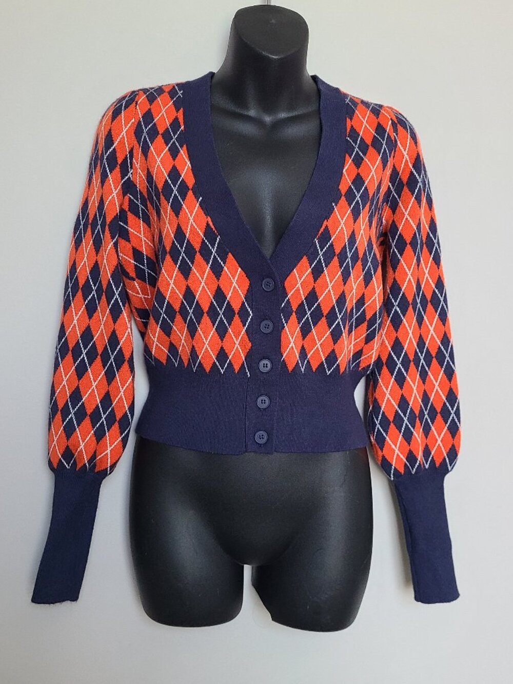 Maeve Anthropologie XS  Orange Blue Argyle Cardigan Sweater
